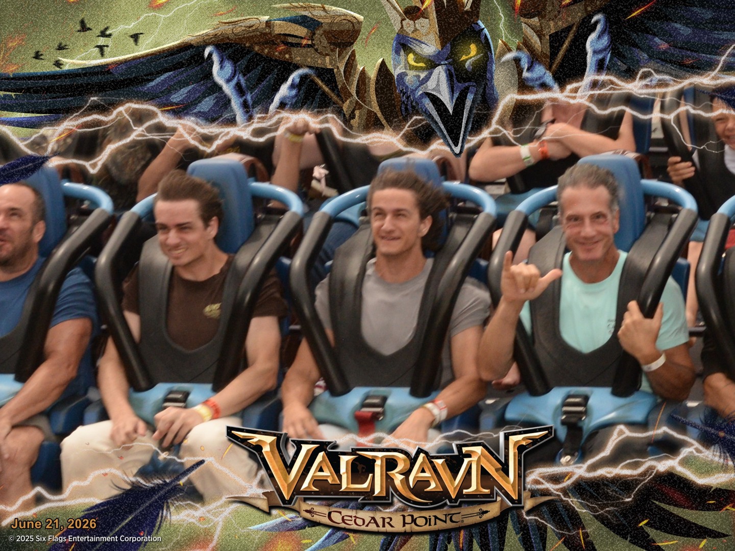Aiden smiling on Valravn at Cedar Point, wearing his brown Knott’s Berry Farm shirt